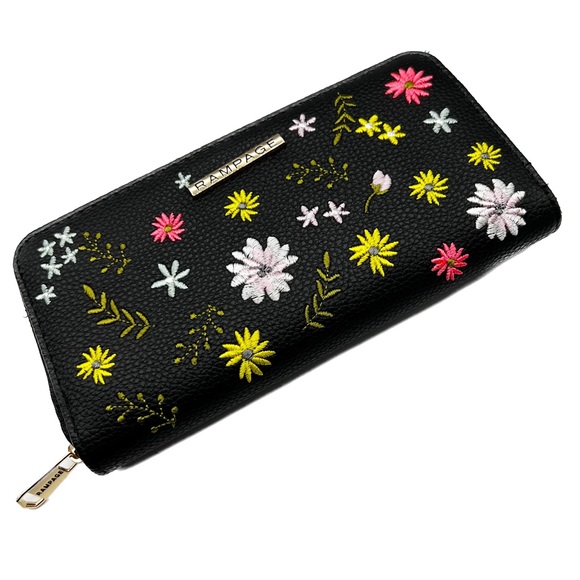 Rampage Black Embroidered Flowers Long Zip-Around Wallet NWOT Fits ProMax Phones - Picture 15 of 15